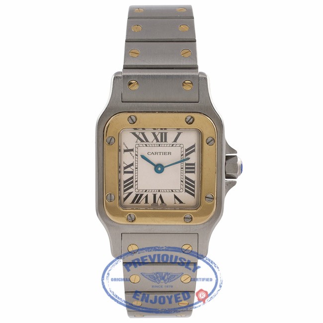 Cartier Santos Galbee Small Quartz 18k Yellow Gold Stainless Steel Silver Dial W20012C4 TVJ6KG Beverly Hills Watch Company
