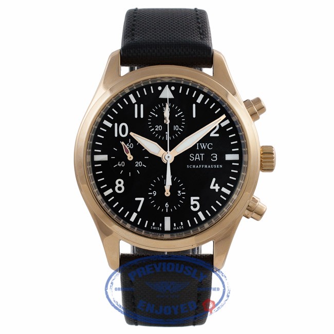 IWC Pilot s Chronograph 42MM Automatic 18k Rose Gold Black Dial Black Fabric Strap IW3717 13 34EXUW Beverly Hills Watch Company